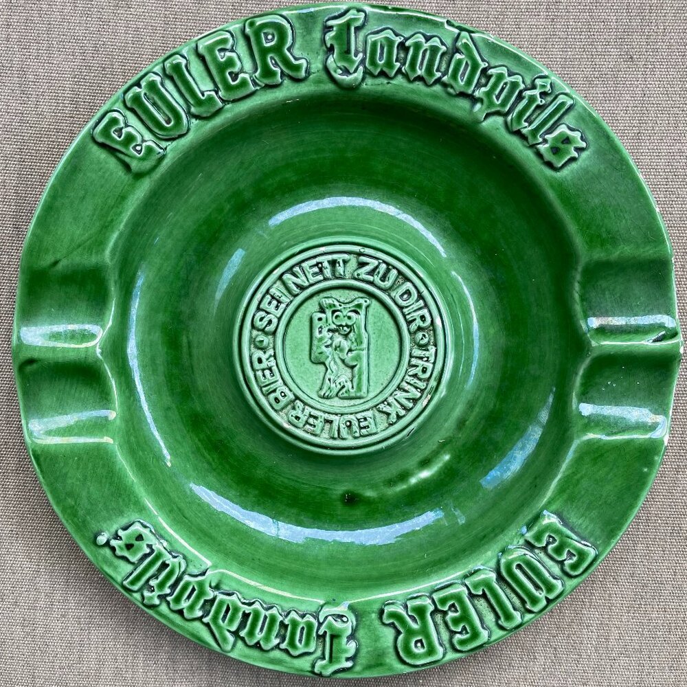 vintage Euler Landpils German beer ceramic embossed ashtray green